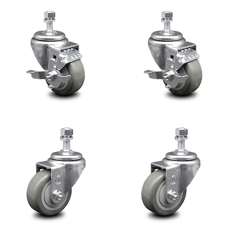 Service Caster 3 Inch Gray Polyurethane Wheel Swivel 12mm Threaded Stem Caster Brakes, 2PK SCC-TS20S314-PPUB-TLB-M1215-2-S-2